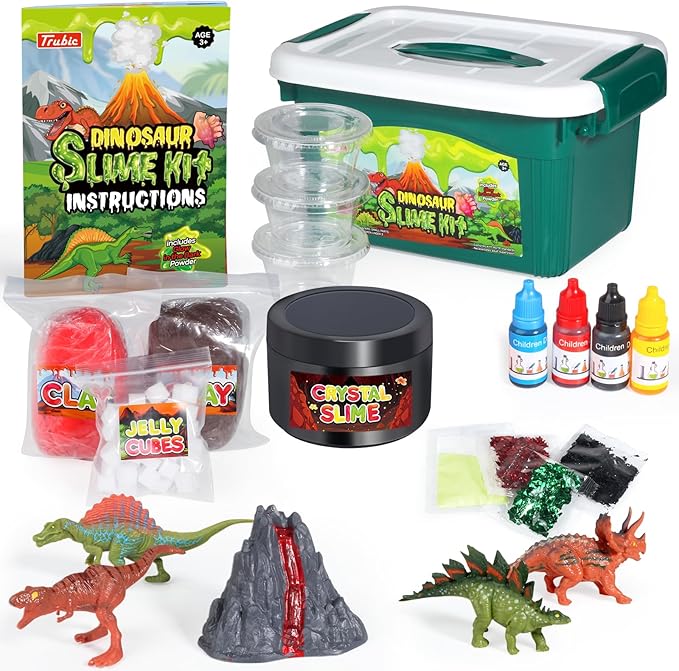 Dinosaur Slime Making Kit, Jelly Cube/Butter/Crystal/Glow in The Dark Slime with Add-ins, Includes Dino Figurines/Volcano, Christmas Birthday Party Favors Gift Toys for Kids Boys 6-12