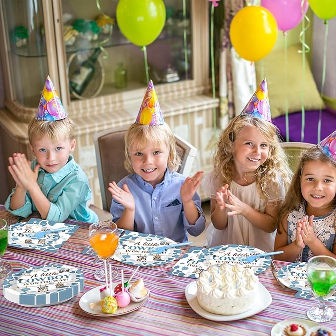 OBUSATT 96 Pcs Western Cowboy Baby Shower Paper Plates and Napkins Party Supplies Western Birthday Tableware Set A Little Cowboy is on the Way Party Decorations Favors for Boys Baby Shower Serves 24