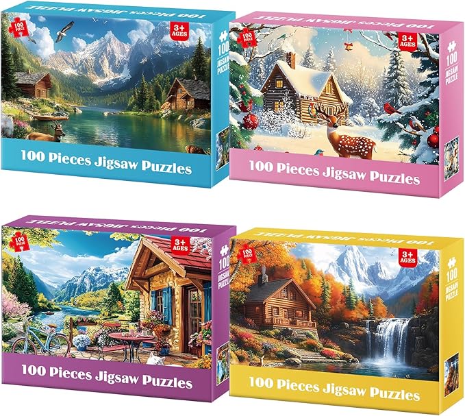 4-Packs 100 Piece Puzzles - Four Seasons Scenery Large Piece Puzzles for Senior Adults Kids Puzzle Ages 5-8 Jigsaw Puzzle for Kids Ages 4-6 6-8 8-10 Year Old Educational Toys for Girls Boys
