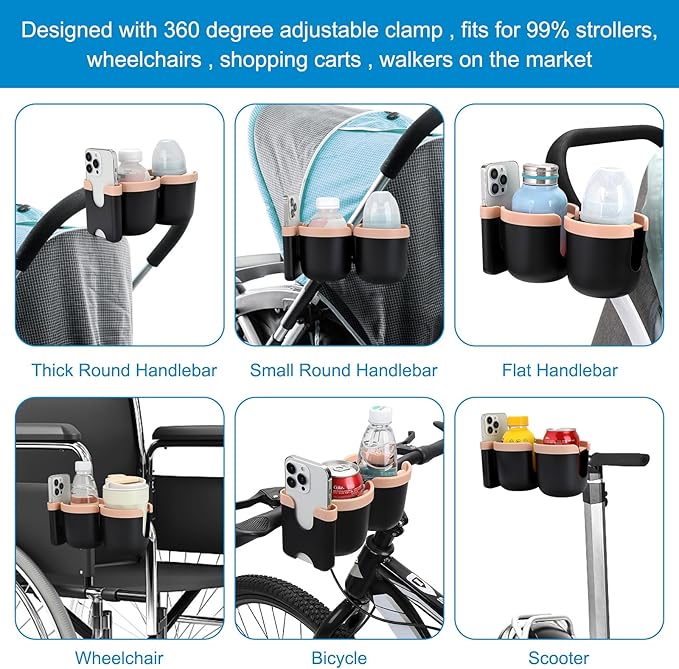 Accmor Stroller Cup Holder with Phone Holder, Bike Cup Holder, Universal Cup Holder for Uppababy Nuna Doona Strollers, 2-in-1 Cup Phone Holder for Stroller Bike Accessory