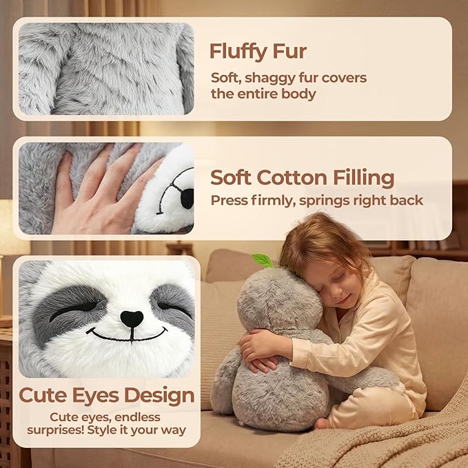 Mewaii 4 Lbs Weighted Stuffed Animals with Heating Pad- Heavy Belly & Limbs, 15" Sloth Heated Plush for a Realistic Hug, Super Soft Fluffy Plush Toy for Kids