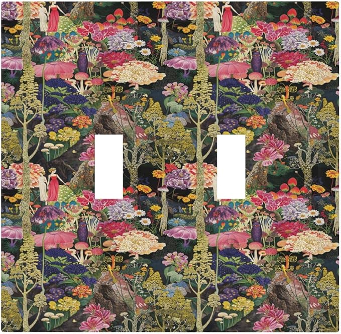 Dreamy Tropical Rainforest Colorful Mushroom Wildflower Decorative Switch Plates 2 Gang Double Toggle Outlet Light Switch Cover Wall Plate Electrical Faceplate for Farmhouse Kids Room Decor