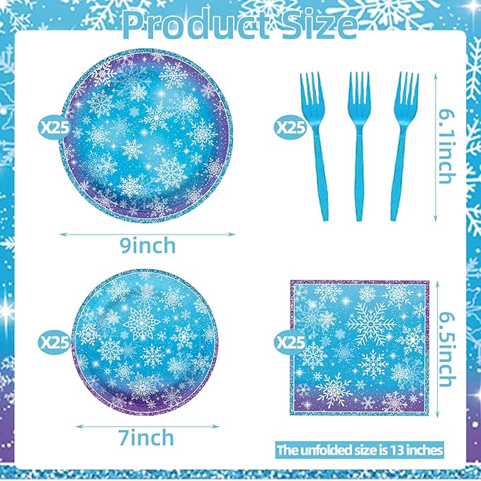 100 Pcs Snowflake Winterland Tableware Party Supplies Set, Serves 25 – Disposable Snowflake Paper Plates, Napkins, and Forks, Winter Dinnerware for Christmas, Birthday, and Baby Shower Decorations