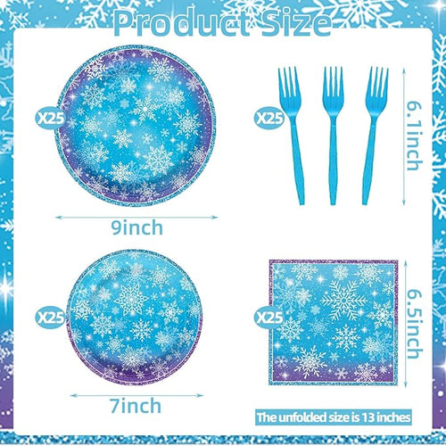 100 Pcs Snowflake Winterland Tableware Party Supplies Set, Serves 25 – Disposable Snowflake Paper Plates, Napkins, and Forks, Winter Dinnerware for Christmas, Birthday, and Baby Shower Decorations