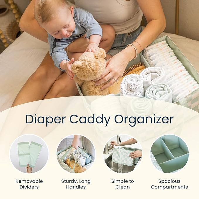 Tiny Twinkle Diaper Caddy Organizer | Foldable Baby Storage Basket with Removable Divider | Waterproof & Mess-Proof Fabric, Portable Nursery Organizer for Newborn Essentials (Beige Checkers)
