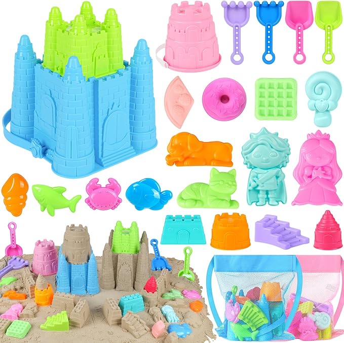 Beach Toys, Creative Sand Toys for Kids Boys and Girls, Sand Castle Building Kit with Stack Castle Buckets, Tools, Mesh Bags, Character Molds for Role Play, Outdoor Toys for Toddlers Kids Ages 3-10