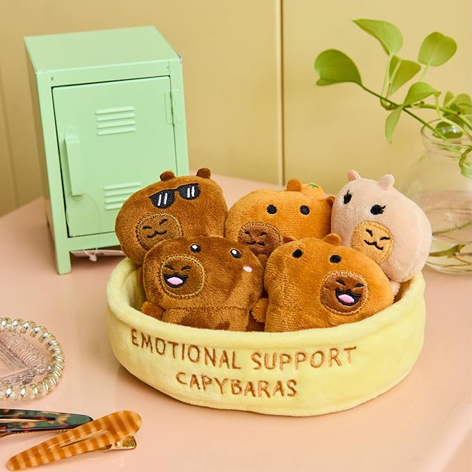 Emotional Support Capybaras by Relatable, Cuddly Stuffed Animals and Plushies Set, Small Gifts for Mom, Includes 5 Capybaras Plush Toys with Carrying Basket