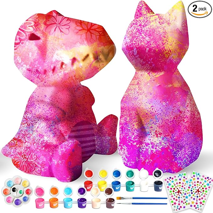 Goody King Paint Your Own Cat & Dinosaur Lamp Kit, 3PCS DIY Night Light, Arts & Crafts for Kids Ages 8-12, Art Supplies Painting Kit for Kids 6-12, Art Supplies Craft Birthday Gifts for Kids Ages 3+