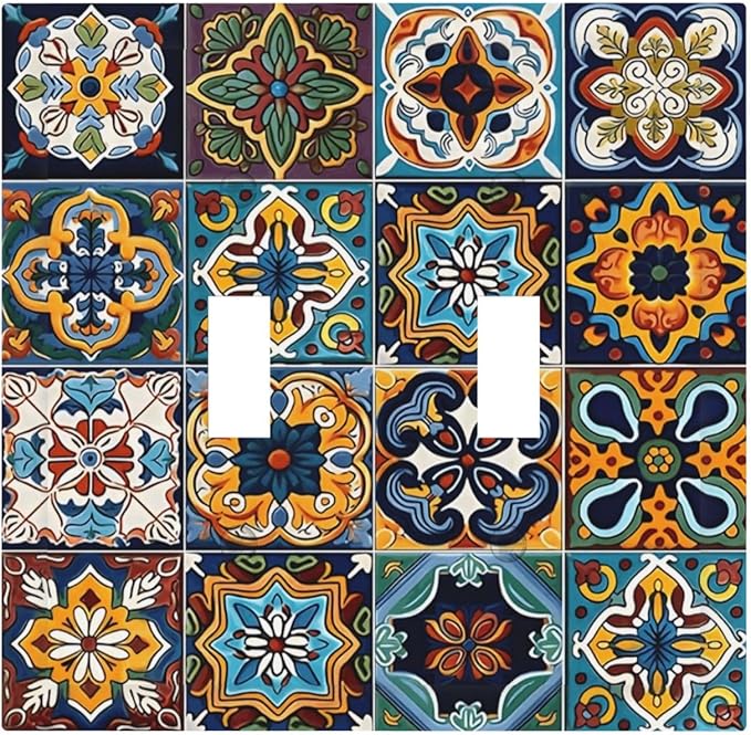 Mexican Talavera Tiles Floral Decorative Switch Plates 2 Gang Double Toggle Outlet Light Switch Cover Wall Plate Electrical Faceplate for Bathroom Kitchen Decor