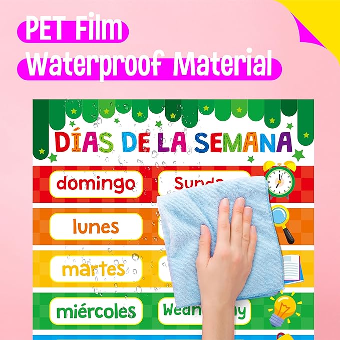 15 Packs Spanish & English Educational Posters, Thick Elementary Bilingual Poster Waterproof & Tearproof with PET Film, Early Language Learning Tool Educational Posters for Kindergarten Preschool