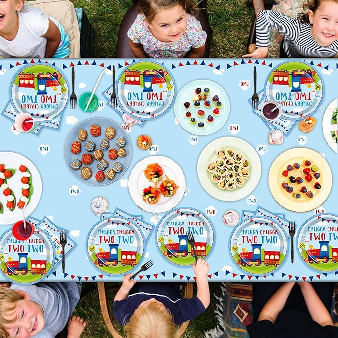 Qyeahkj 24 Guests Chugga Chugga Two Two Birthday Party Paper Plates Napkins Tablecloth Supplies Set Train 2nd Disposable Tableware Dinnerware Decorations Favors for Boys Girls Birthday Party