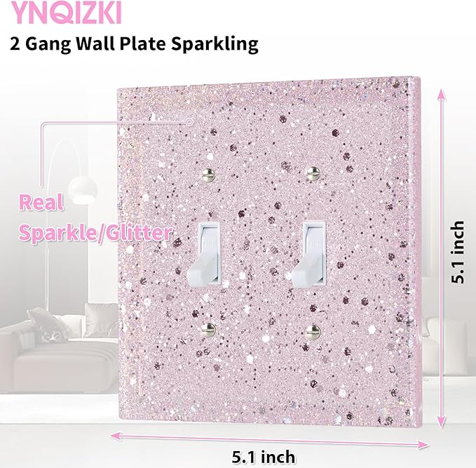 Pink Glitter Light Switch Cover Plate - Glossy Finish, 5.10" x 5.10" - Sparkle Double Toggle Wall Plate