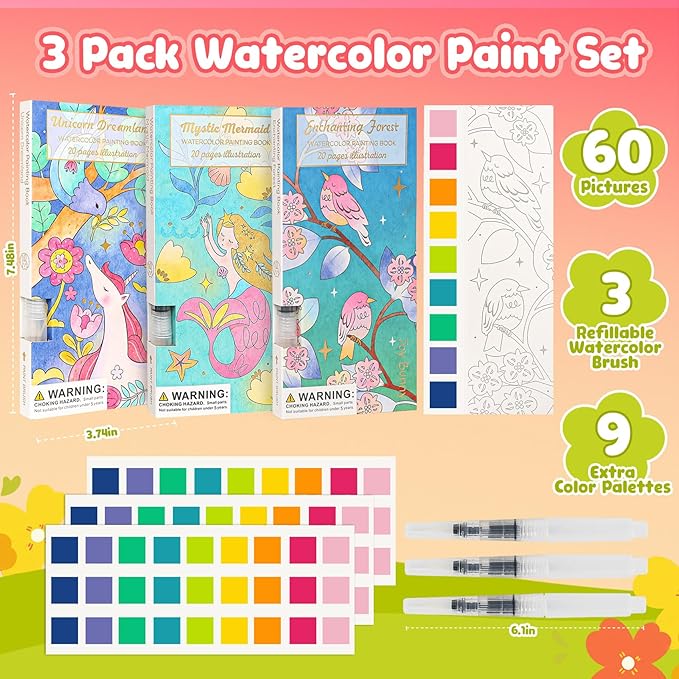JCREN Watercolor Painting Books, Pocket Watercolor Painting Coloring Kit, Paint with Water Bookmarks Travel Activity Party Favors for Kids Toddlers Gifts for Boys and Girls