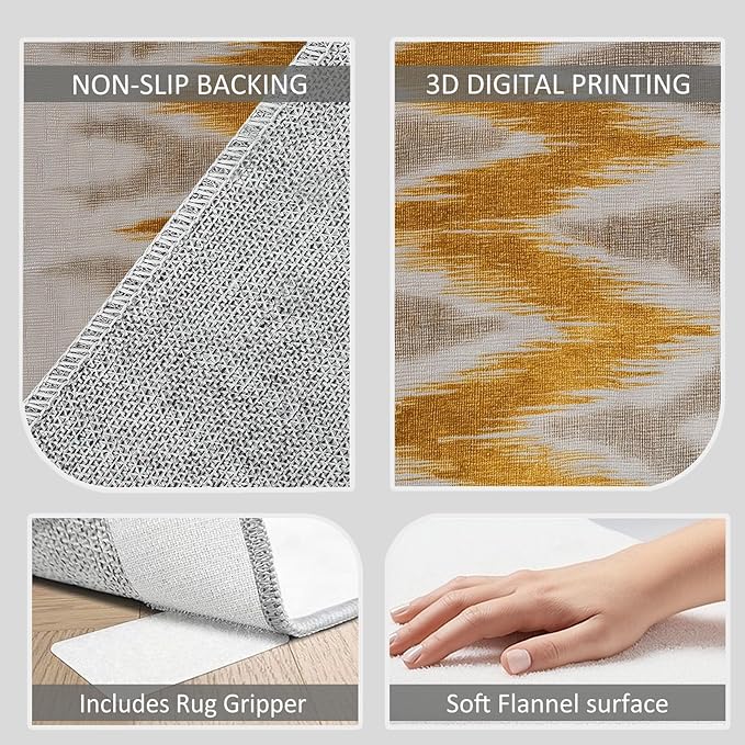 Abstract Chevron Stripes Area Rugs for Bedroom Living Room 4×7ft Yellow and Gray Shabby Chic Soft Non-Slip Rug, Ultra-Thin Low Pile Carpet for Kitchen Dining Room Home Office