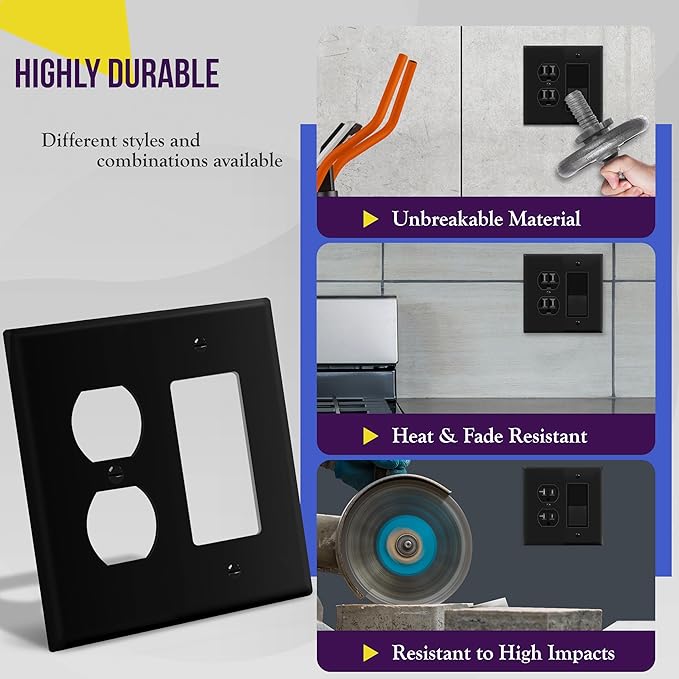 ENERLITES Combination Duplex Receptacle Outlet/Decorator Switch Wall Plate, Mid-Size 2-Gang 4.88" x 4.92", Polycarbonate Thermoplastic, 882131M-BK, Black