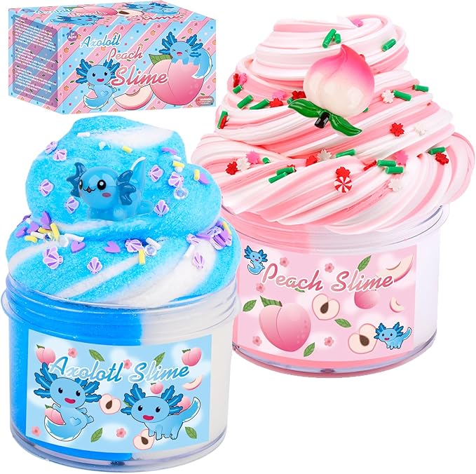Axolotl Cloud Slime and Pink Peach Butter Slime Kit,Dual Colored New Charms,Super Soft and Non-Sticky, Stress Relief Toy Party Favors Birthday Gifts for Girls.