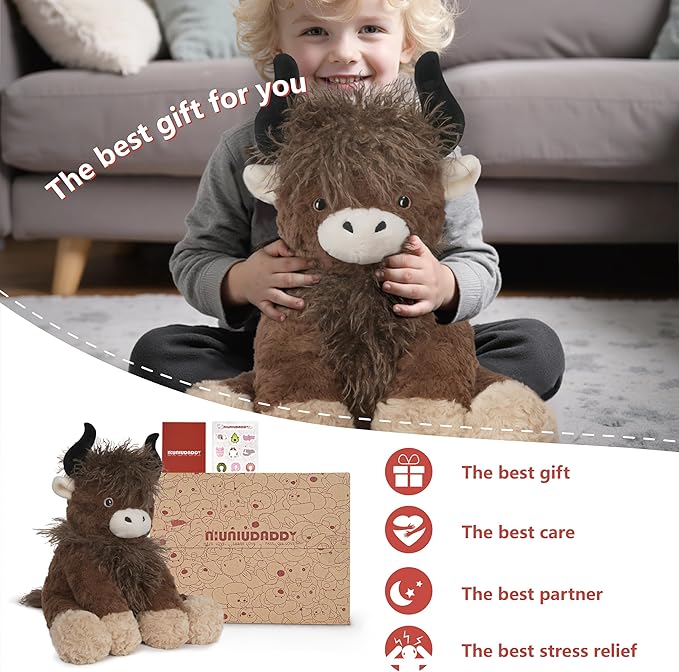 Niuniu Daddy 14" | 3.5 Pound Weighted Highland Cow Plush, Big Highland Cow Stuffed Animal for Kids Adults, Giant Weighted Sitting Plush Toy, Large Body Pillow for Birthday Christmas Holiday Presents