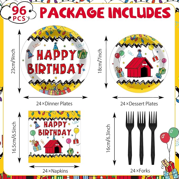 96 Pcs Red House Birthday Party Plates and Napkins Cartoon Dog Red House Decor Puppy Dog Theme Dessert Cake Plates Tableware Set for Kids Cartoon Birthday Baby Shower Party Favors Serve 24 Guests