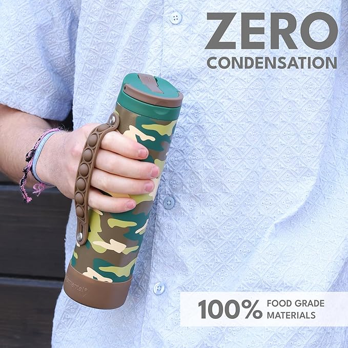 Elemental Iconic Kids Water Bottle for School - 100% Leak-Proof Insulated Water Bottles with Straw Lid & Pop-It Handle for Boys & Girls - Triple-Wall Insulated & BPA-Free, 20oz – Green Camo