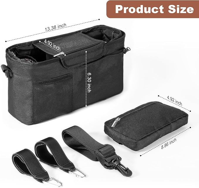 Universal Stroller Organizer with Insulated Cup Holder, Stroller Caddy with Detachable Bag & Shoulder Strap, Stroller Attachment Non-Slip Secure Hooks Accessories Fits Most Strollers