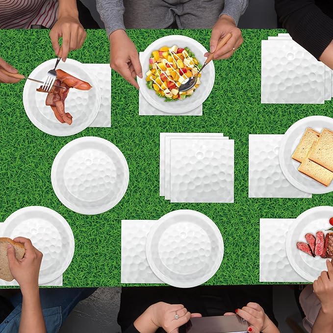 Qyeahkj Golf Party Supplies Serves 24 Golf Ball Party Paper Plates and Napkins Green Grass Plastic Tablecloth Set Sports Themed Tableware Kit for Birthday Decoration Baby Shower Decor