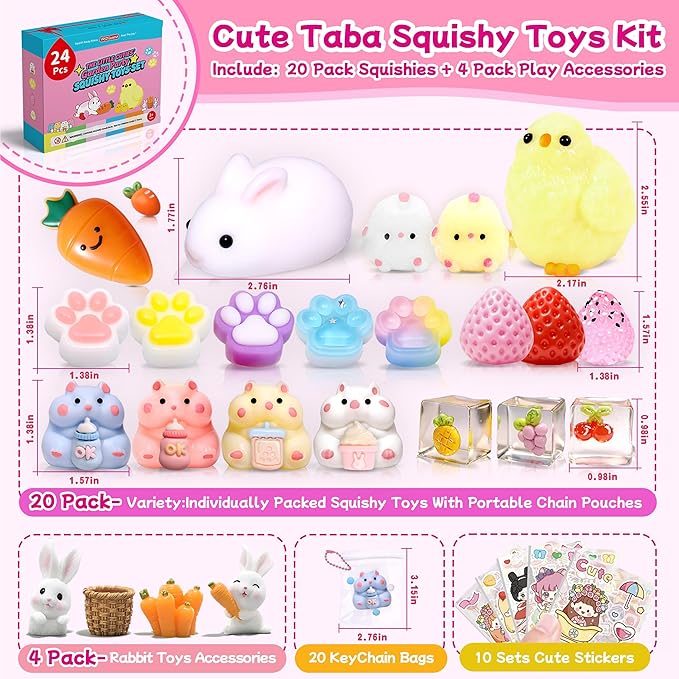 24Pack Taba Squishy Toys kit - Squishy Fidget Toys Party Favors for Kids 8-12-Kawaii Squishies Squeeze Toys for Girls 8-10,6 7 8 9 10 11 12 Year Old Girl Birthday Gifts Fidgets for Kids Classroom