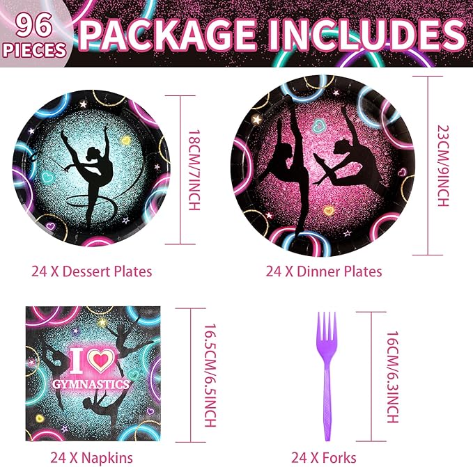 96Pcs Gymnastics Birthday Party Supplies Gymnastics Party Plates Disposable Paper Gymnastic Tableware Set for Girls Birthday Baby Shower Decorations, Serves 24