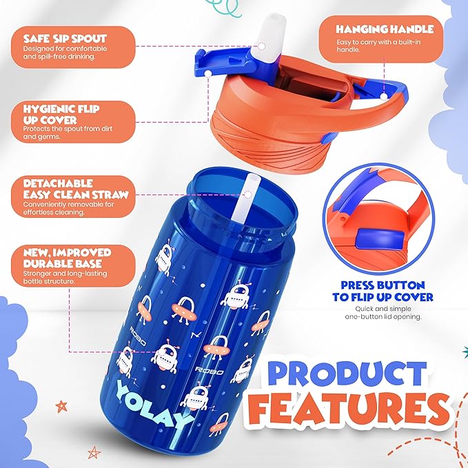 YOLAY 15oz Kids Water Bottle For School Boys and Girls, Durable Toddler Water Bottle with Straw Lid Leak-Proof, Spill Proof, Easy Clean and Dishwasher Safe with Re-Usable and BPA Free - Robo