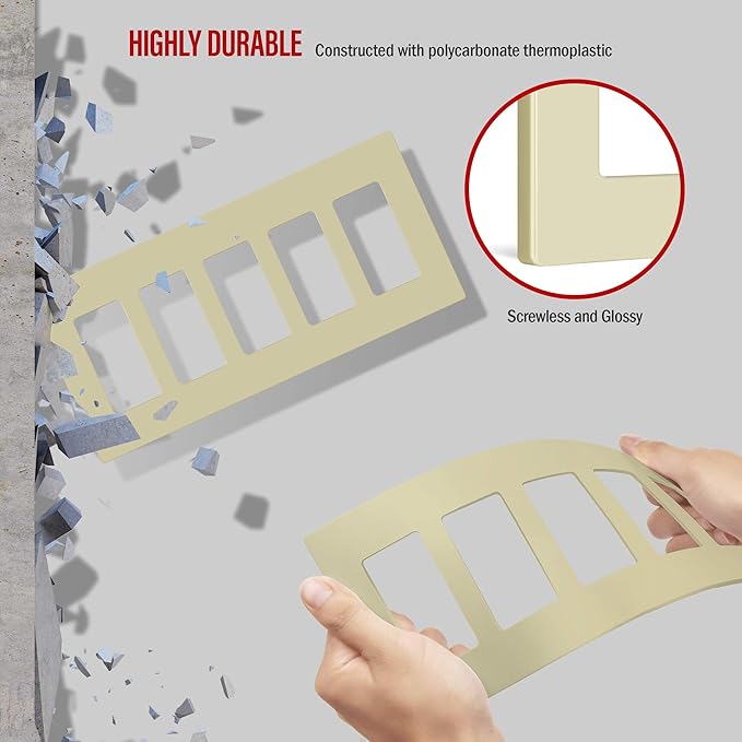 ENERLITES Screwless Decorator Wall Plate Child Safe Outlet Cover, Size 5-Gang 4.68" H x 10.14" L, Unbreakable Polycarbonate Thermoplastic, SI8835-I, Glossy, Ivory