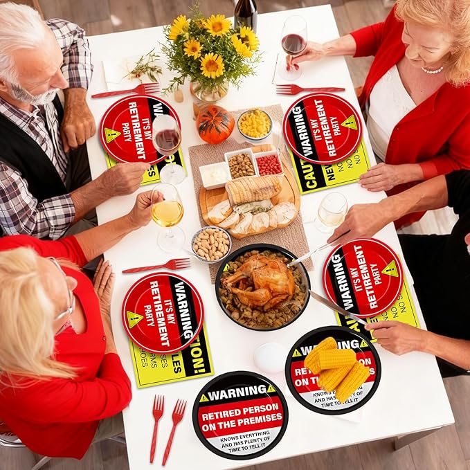 Qyeahkj 100 Pcs Funny Happy Retirement Party Supplies Caution Retirement Paper Plates and Napkins Set Disposable Warning Sign Tableware Decorations for Men Women Farewell Going Away Party Serves 25