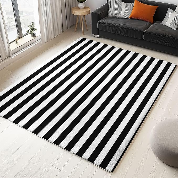 4 x 6 ft Washable Rug Geometric Horizontal Stripes Rugs for Living Room with Non Slip Backing, Black and White Soft Fluffy Carpets - Modern Bedroom Nursery Stain Resistant Low Pile Carpet Mat