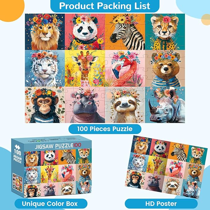 100 Pieces Puzzles for Kids Ages 4-8 | Beautiful Wild Animals Jigsaw Puzzles | Large 100 Piece Puzzle for Toddler Children | Sturdy,Safe | Engaging & Educational Toys Great Gift for Boys Girls,15x10in
