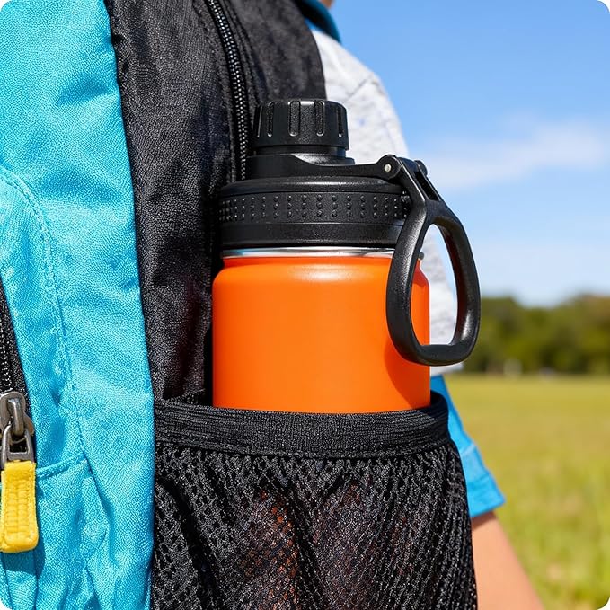 Kids Insulated Water Bottle-16 oz Stainless Steel Vacuum Wide Mouth Sports Flask with Silicone Boot-Reusable Metal Leak Proof Travel Water Bottle for Girls Boys, BPA-Free(Orange)