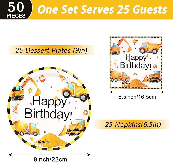 50 Pcs Construction Plates and Napkins Party Supplies, 9inch Construction Theme Plates, Disposable Dump Truck Plates and Napkins Tableware Set for Kids Boys Birthday Party Decorations, 25 Guests