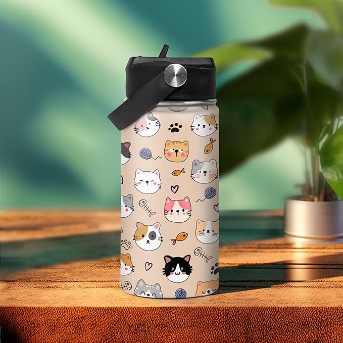 SANDJEST Kids Water Bottle Cat Water Bottles 12oz with Straw Insulated Stainless Steel Travel School Tumbler Double Wall Vacuum Cup for Girls Kid Boys