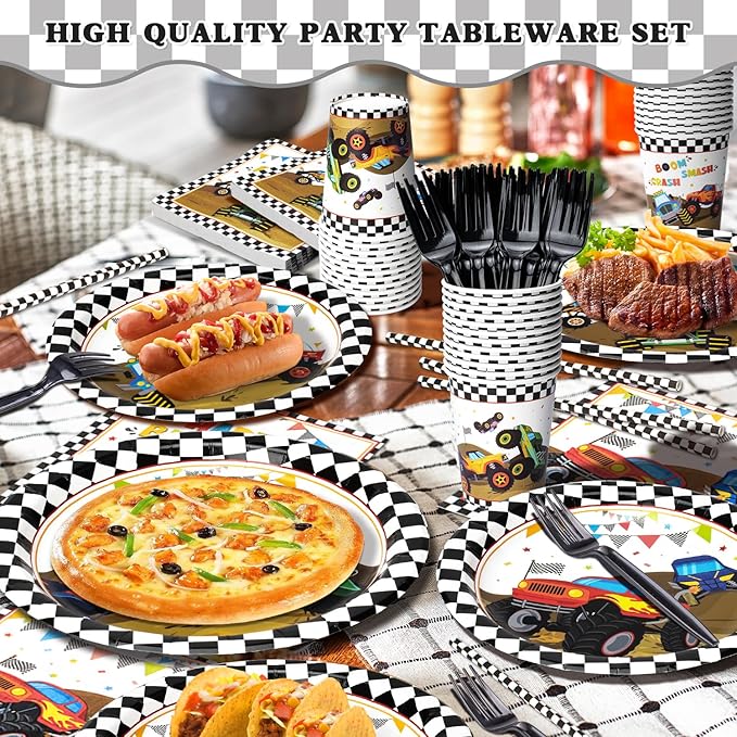 300 Pcs Truck Plates and Napkins Tableware Set, Plates Napkins Cups Straws and Forks Sets, Truck Birthday Decorations, Party Supplies, Serves 50 Guests