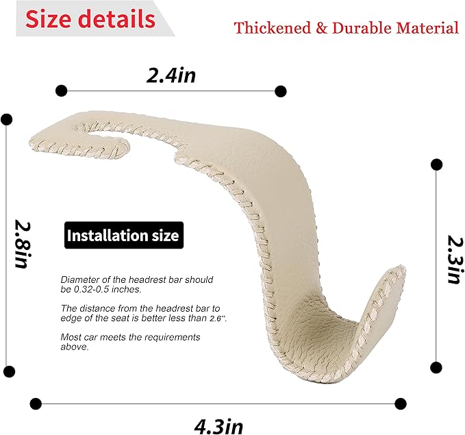 Amooca Car Seat Headrest Hook Universal Vehicle Storage Hanger Leather with Metal Car Seat Back Organizer for Handbag Purse Coat Beige 4 Pack