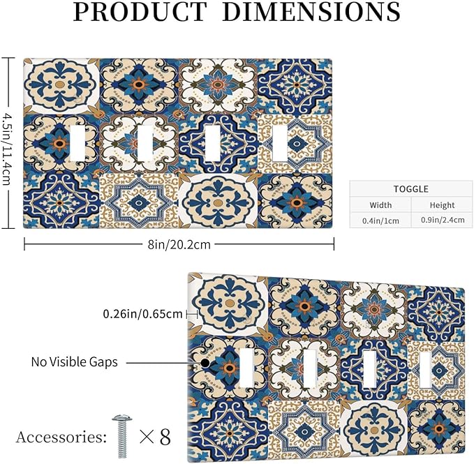 Light Switch Covers Mandala Decorative Tile Talavera Moroccan Tiles Quad Toggle 4 Gang Wall Plate Electrical Faceplate Decorative Switch Plates for Bedroom living Room Decor