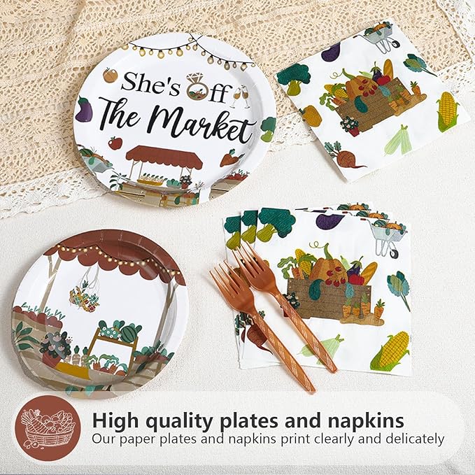 Grencian 96Pcs She's Fresh Off Market Bridal Shower Decor Farmers Market Engagement Party Plates and Napkins Vegetable Themed Disposable Tableware for Women Bridal Shower Wedding Decorations Serves 24