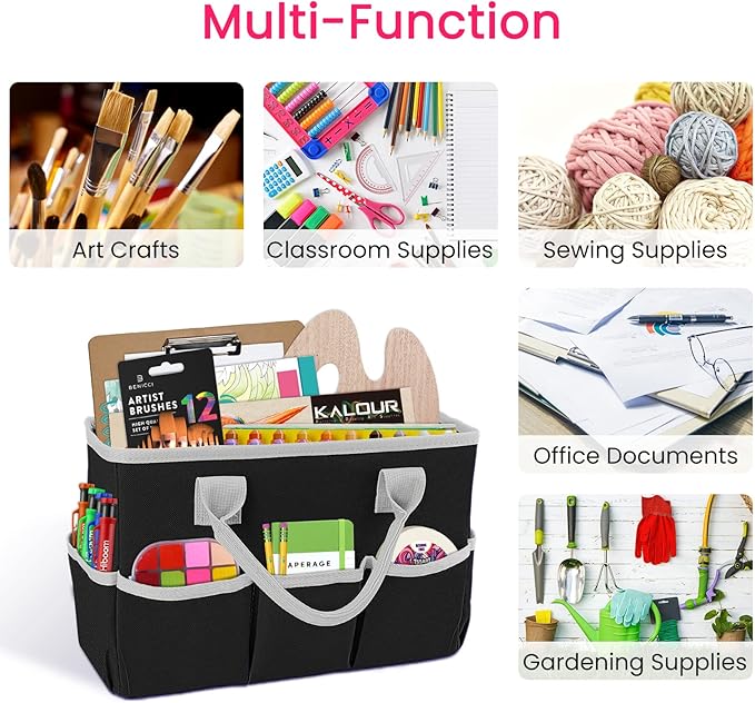 Godery Desktop Tote and Stock Organizer, Teacher Helper Tote Bag Organization for Arts, Books, Stationery, Office Desk Organizer, Make-up Storage Tote with Handles for Travel, Black-Gray