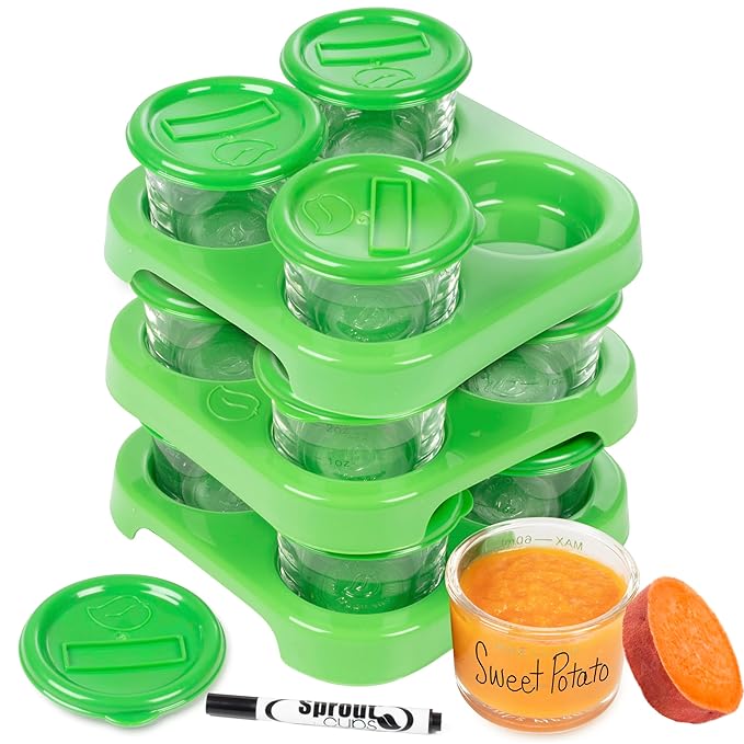 Glass Baby Food Storage Containers w Write What You Want Lids (12 Pk) - 2oz Jar Includes Lids, Storage Tray, Dry-Erase Marker - Microwave, Freezer, Dishwasher Safe - BPA & Phthalate Free