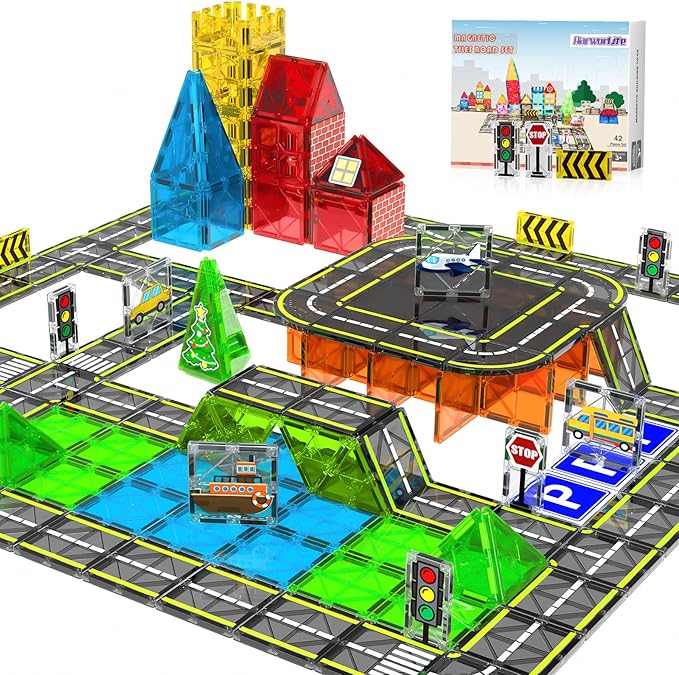 HarworLife Magnetic Tiles Road Set, Magnetic Building Blocks for Kids Ages 3+Year Old, Montessori Educational Magnet Toys for Toddler Kids, STEM Creative Toy for Christmas Birthday Gifts