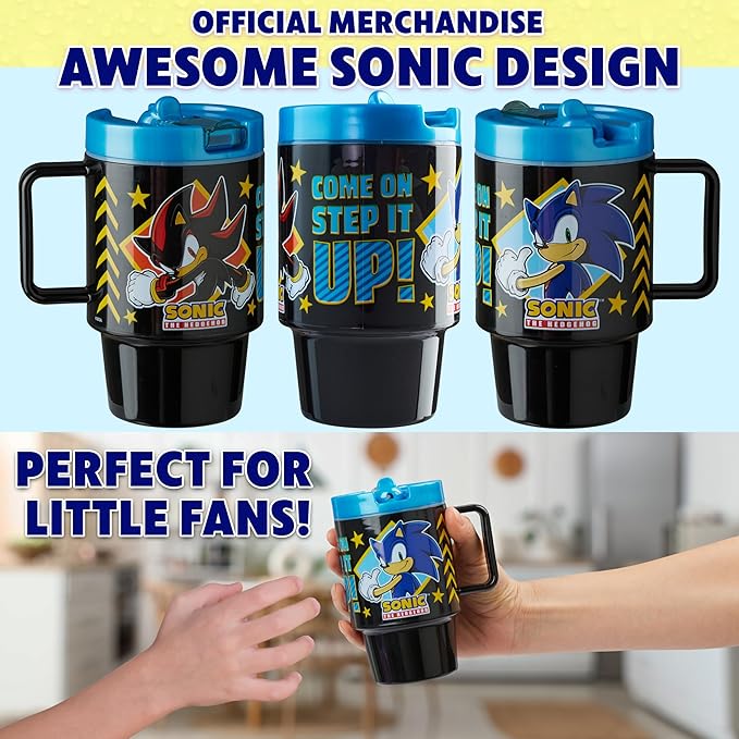 Get Trend Sonic the Hedgehog Kids Water Bottle with Straw 16.9 oz BPA Free Plastic Cup with Lid Handle Reusable Drinking Tumbler for School Gifts for Kids (Black Sonic)