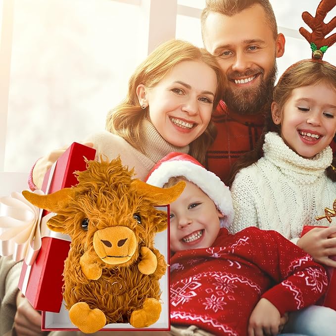 Highland Cow Soothing Breathing Stuffed Animal for Anxiety Kids, Sleeping Cow Plush Toy, Anxiety Stuffed Animal with Realistic Breathing Action and Lighted Music Easter Basket Stuffers