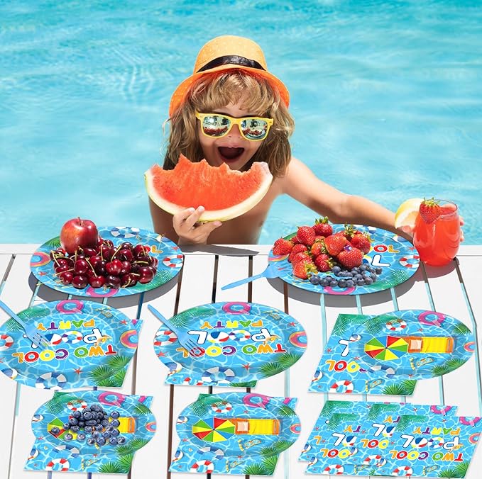 96Pcs Two Cool Pool Birthday Party Supplies Summer Swimming Pool 2nd Birthday Paper Plates and Napkins Summer Beach Tableware Set Serves 24 Guests 2 Years Old Hawaiian Pools Party Decorations