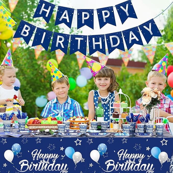 Pajean Blue Happy Birthday Party Tableware Set Birthday Decoration Banner and Tablecloths Decoration Plates Cups Napkins Dinnerware for 24 Guests Party Supplies(Blue and Silver)