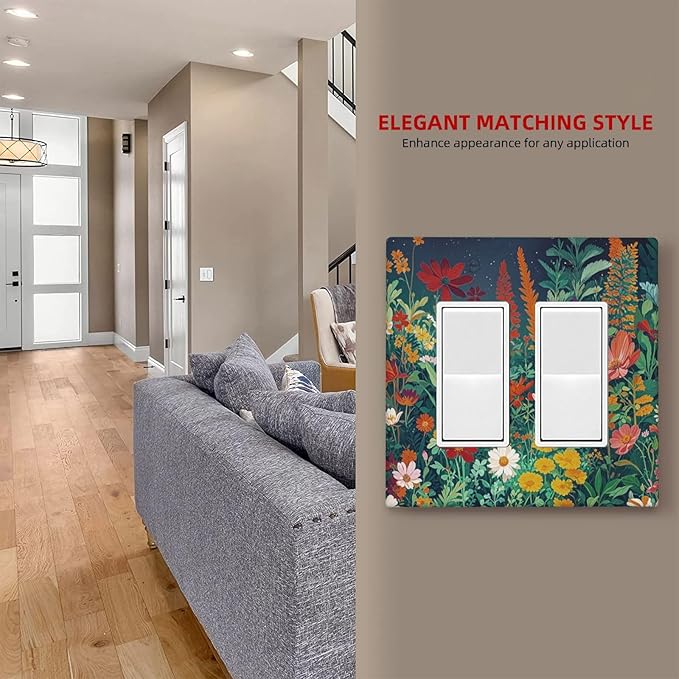 Decorative Outlet Covers with Wildflowers & Stars Botanical Floral Art Design 2 Gang Wall Plate Double Rocker Light Switch Cover Switch Plate Cover for Garden Theme Wall Decor