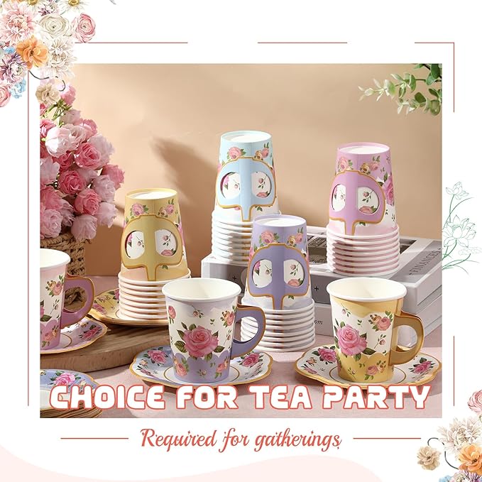 Umigy 36 Sets Mother's Day Tea Party Decorations 9 oz Floral Paper Teacups & Saucer Set for Girls Women Tea Parties Mothers Day Bridal Shower Wedding Birthday Party Decorations(Gradient Mixed Color)