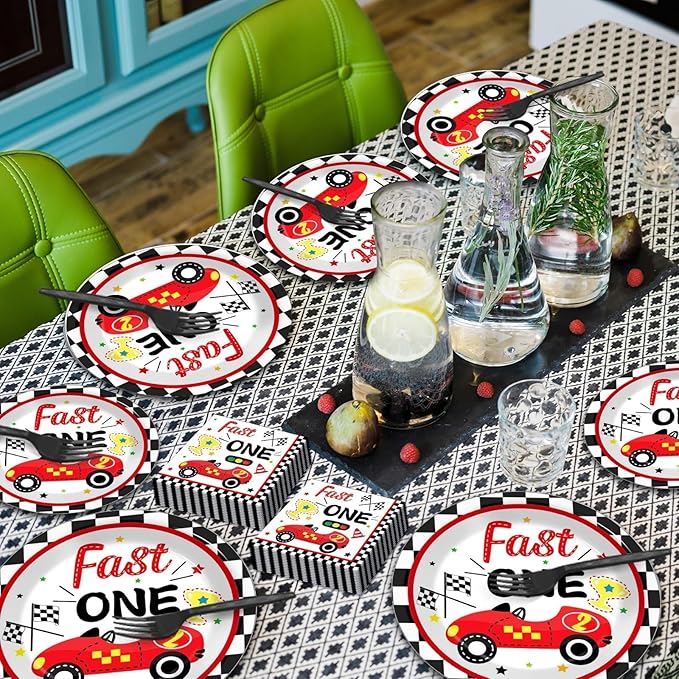 Fast One Birthday Decorations for Boys Racing Car 1st Birthday Party Supplies Fast One Plates Napkins Forks Checked Race Car Disposable Paper Plates Tableware Set for Kids Favors Serve 25