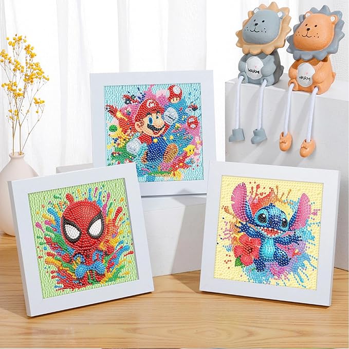 Fuinkqe 4 PCS Diamond Art Kits for Kids, Cartoon Diamond Art for Kids Ages 4-8-12, Diamond Art Painting Mosaic Kits for Gift Home Wall Decor (6x6 inch)